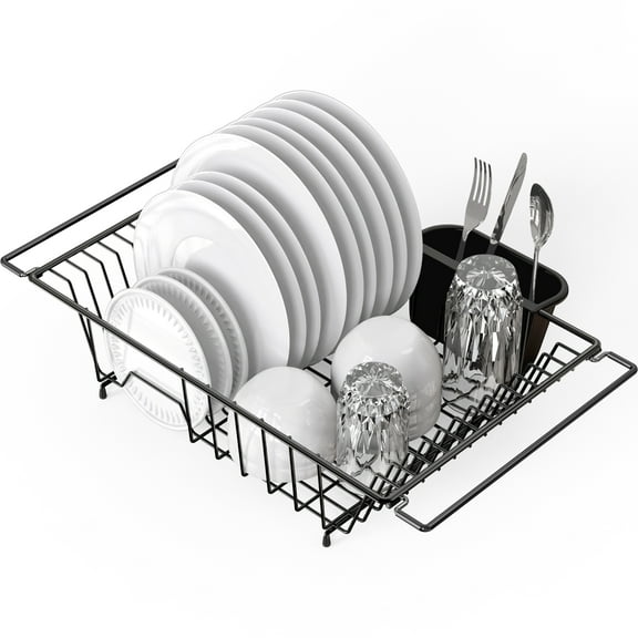 Simple Houseware Large Over Sink Counter Top Dish Drainer Drying Rack with Utensil Holder, Black