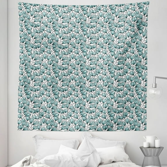 Floral Tapestry, Doodle Style Flowers with Petals in Blue Tones Bedding Plants Garden Art, Fabric Wall Hanging Decor for Bedroom Living Room Dorm, 5 Sizes, Seafoam White Black, by Ambesonne
