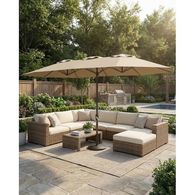Patio Umbrella – Large 13FT Double-Sided Rectangular Sun Shade – Heavy Duty, Fade Resistant & UV Protection Canopy – Easy Crank Lift, Ventilated – for Backyard, Garden, Pool & Deck – Tan