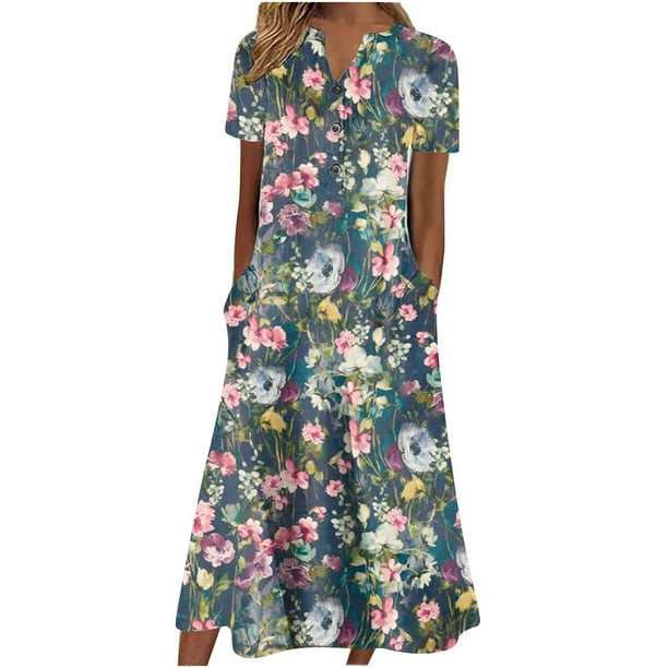 Puntoco Vestido De Manga Corta Con Cuello En V, Botones Estampados Informales De Verano Para Mujer Con Bolsillos, Bajo Grande, Azul Marino Xl