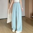 thumbnail image 3 of Stylish Olyvenn Women Sweet Silk Pants Baggy All-Match Elastic Waist Straight Leg Wide Leg Trousers Fall Thin Casual Comfy Long Pants Light Blue XL, 3 of 4