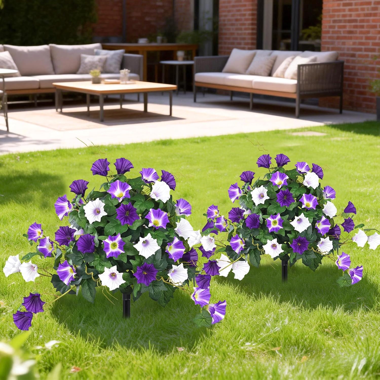 Lyacmy 2 Pack 19.7in Artificial Flowers Topiary Ball Trees for Outdoors, UV Resistant Lifelike Morning Glory Fake Bushes Plants with Ground Spike for Porch Garden Decor
