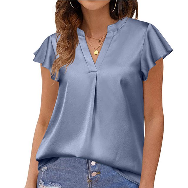 Blusa de manga corta con volantes para mujer, blusa de satén de manga corta con cuello en V para mujer, blusa de satén de manga corta para mujer, calidad superior