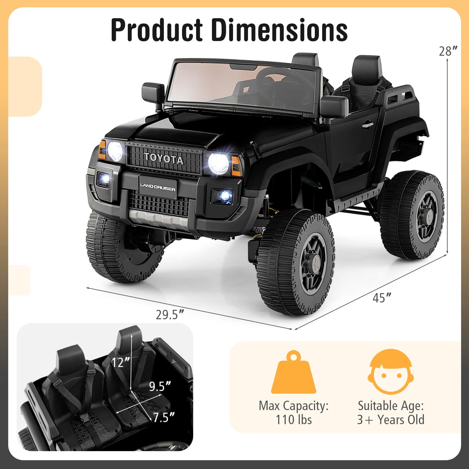Costway 24V 2 Seater Ride on Car for Kids Licensed Toyota LC250 Ride on Truck with Remote Black