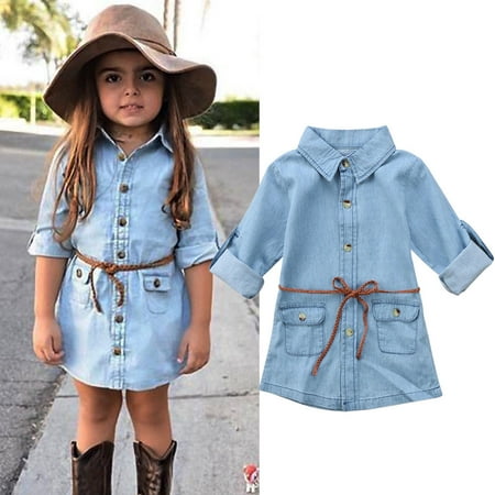 Fashion Kids Toddler Baby Girls Half/Long Sleeve Denim Dress with Belt