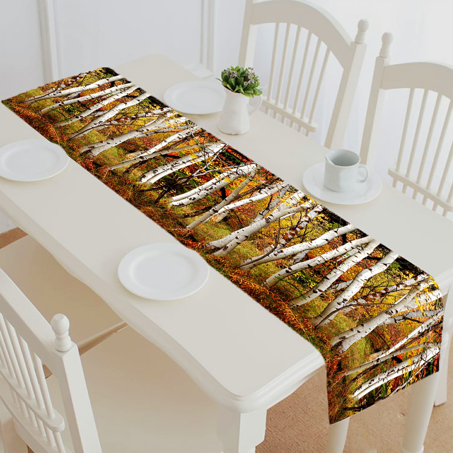 ABPHQTO White Fall Birch Trees With Autumn Leaves Table Runner Placemat