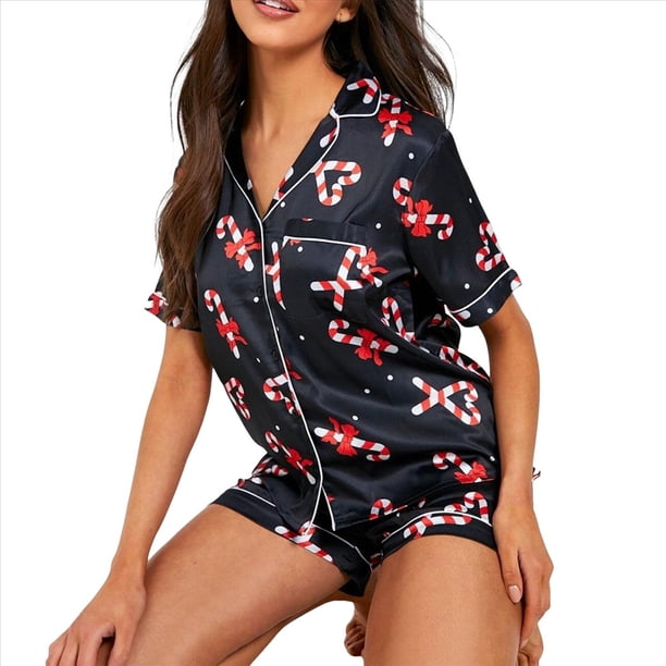 Pijama Navideño para Mujer con Solapa, Corta, Pantalones Cortos y Estampado de Papá . Estampado de Muleta Negra M
