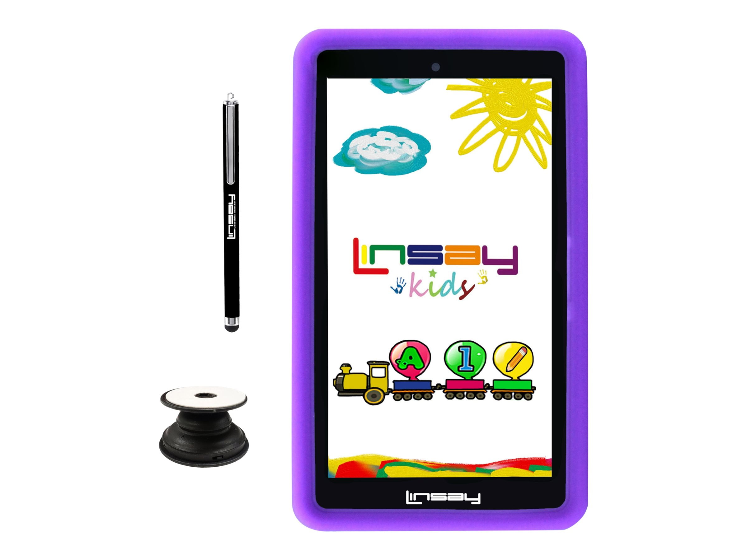 LINSAY 7" Kids tablets 2GB RAM 32GB Android 10 WiFi Tablet for kids, Camera, Apps, Games, Learning Tab for Children with Purple Kid Defender Case, Pop Holder and Pen Stylus