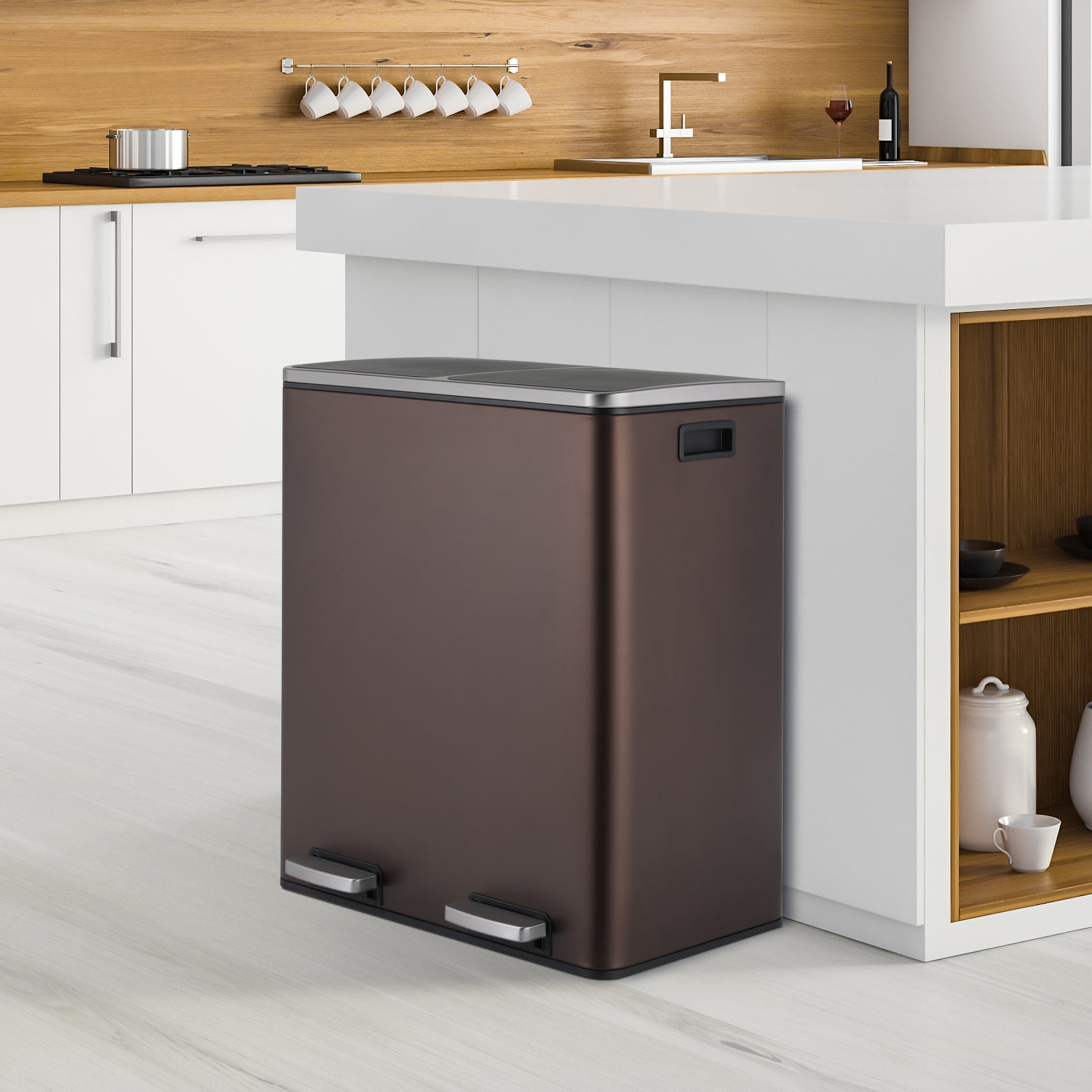 LAZY BUDDY Dual Compartment Recycling Trash Can with Soft-Close Lid and Removable Liner Buckets, 60 Liter / 16 Gallon, Rectangular