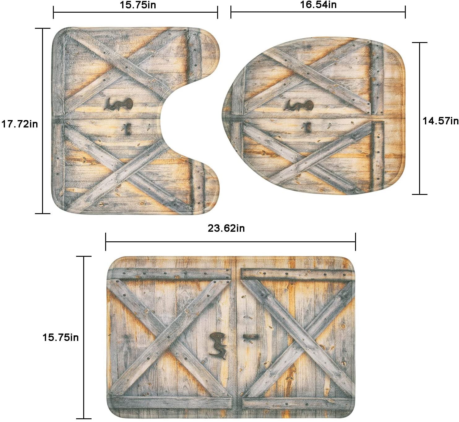 Toilet Lid Cover, 4 Pcs Rustic Barn Door Shower Curtain Set With Non-Slip Rug 