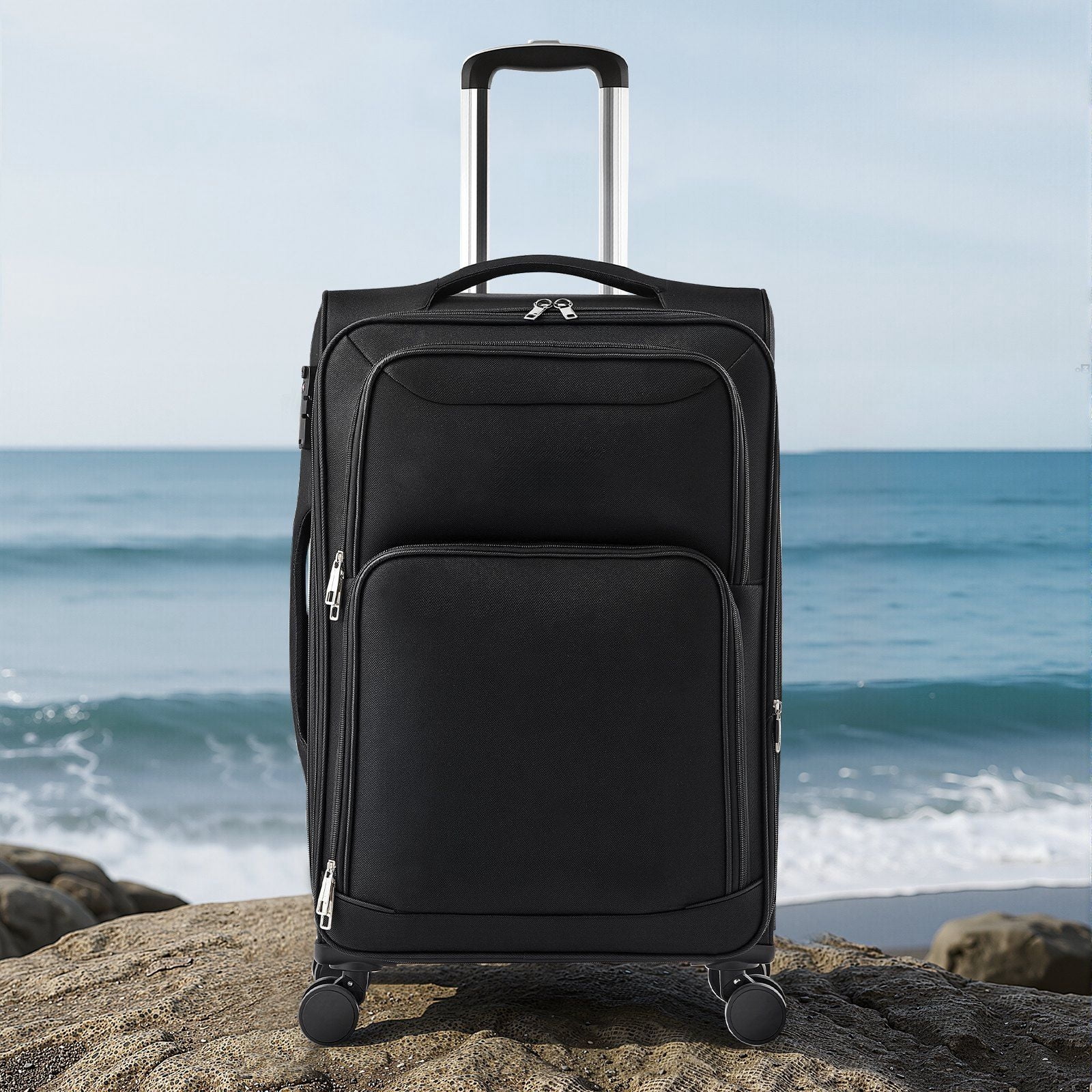 24-Inch Softside Expandable Spinner Luggage - Lightweight Checked Suitcase with 360° Wheels, Black Carry-On Travel Bag, Multiple Pockets, Durable Zipper, TSA Lock Ready