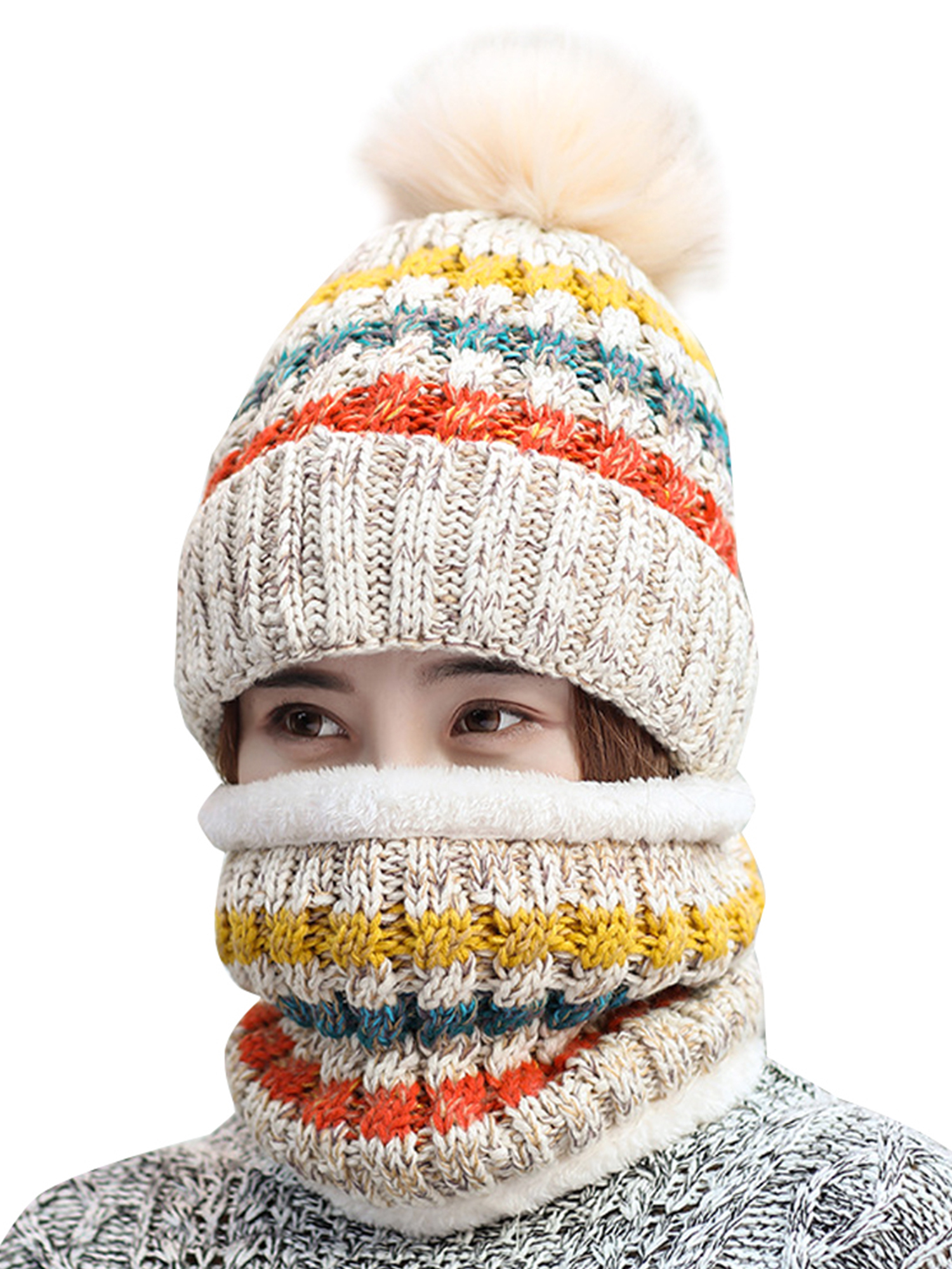 Baby Boy Girl Child Kids Winter Warm Knit Bobble Hat Beanie Cap+Snood Scarf CA