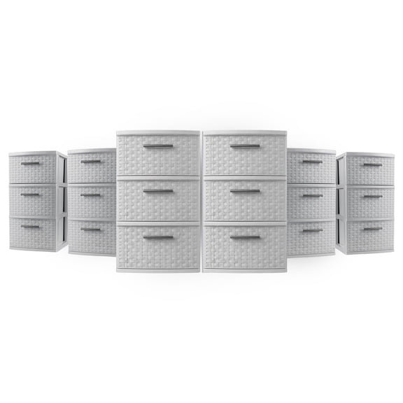 Sterilite 3 Drawer Storage Tower, Plastic Weave Medium Home Organizer, Cement, 6 Pack