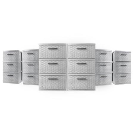 Sterilite 3 Drawer Storage Tower, Plastic Weave Medium Home Organizer, Cement, 6 Pack