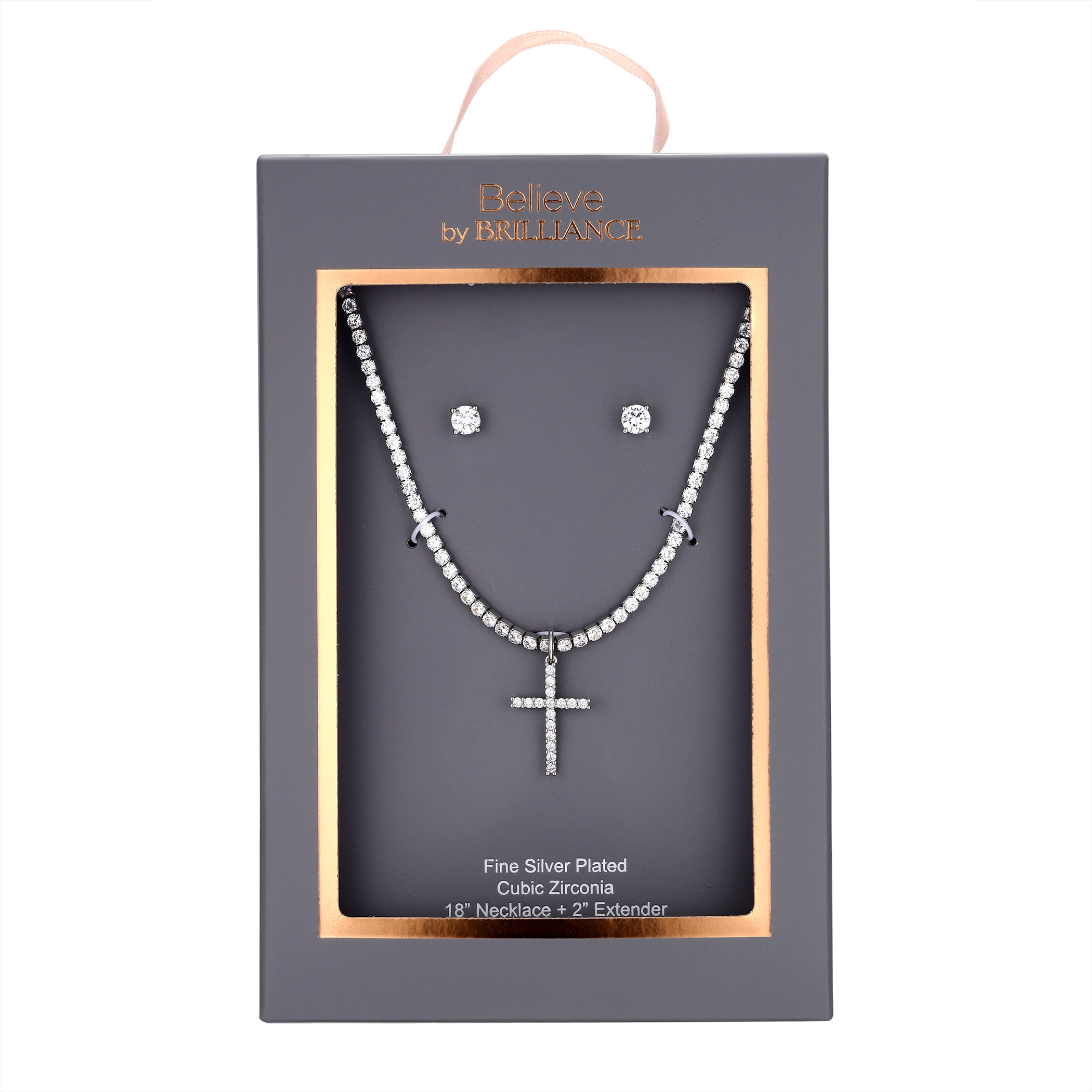 Believe by Brilliance Women's Cubic Zirconia Cross Tennis Necklace Set in Fine Silver Plated Brass