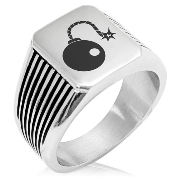 Stainless Steel Pirate Bombardier Icon Needle Stripe Pattern Biker Style Polished Ring