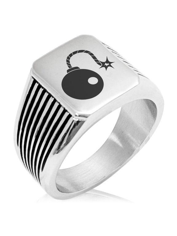 Stainless Steel Pirate Bombardier Icon Needle Stripe Pattern Biker Style Polished Ring