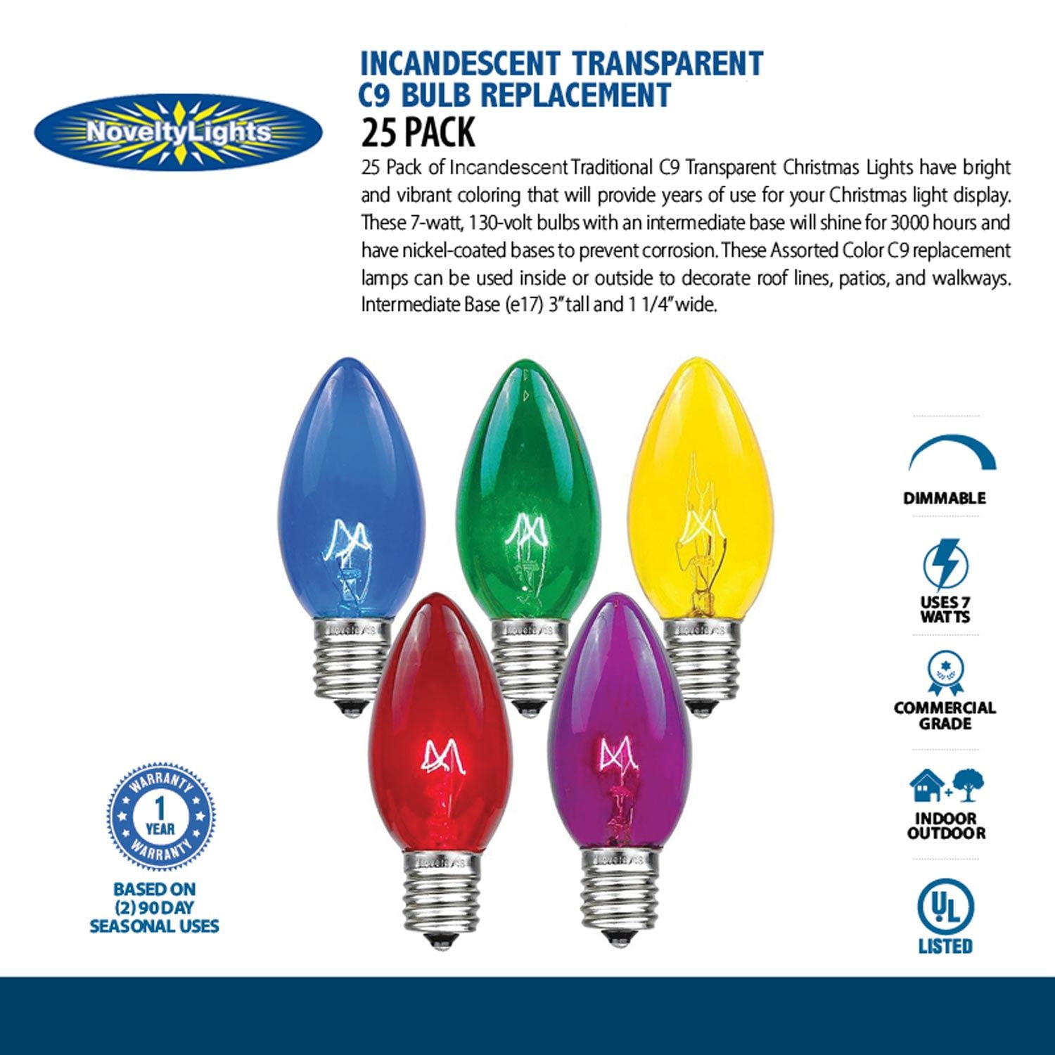 Novelty Lights Clear C9 Incandescent Traditional Vintage Christmas Replacement Bulbs 25 Pack