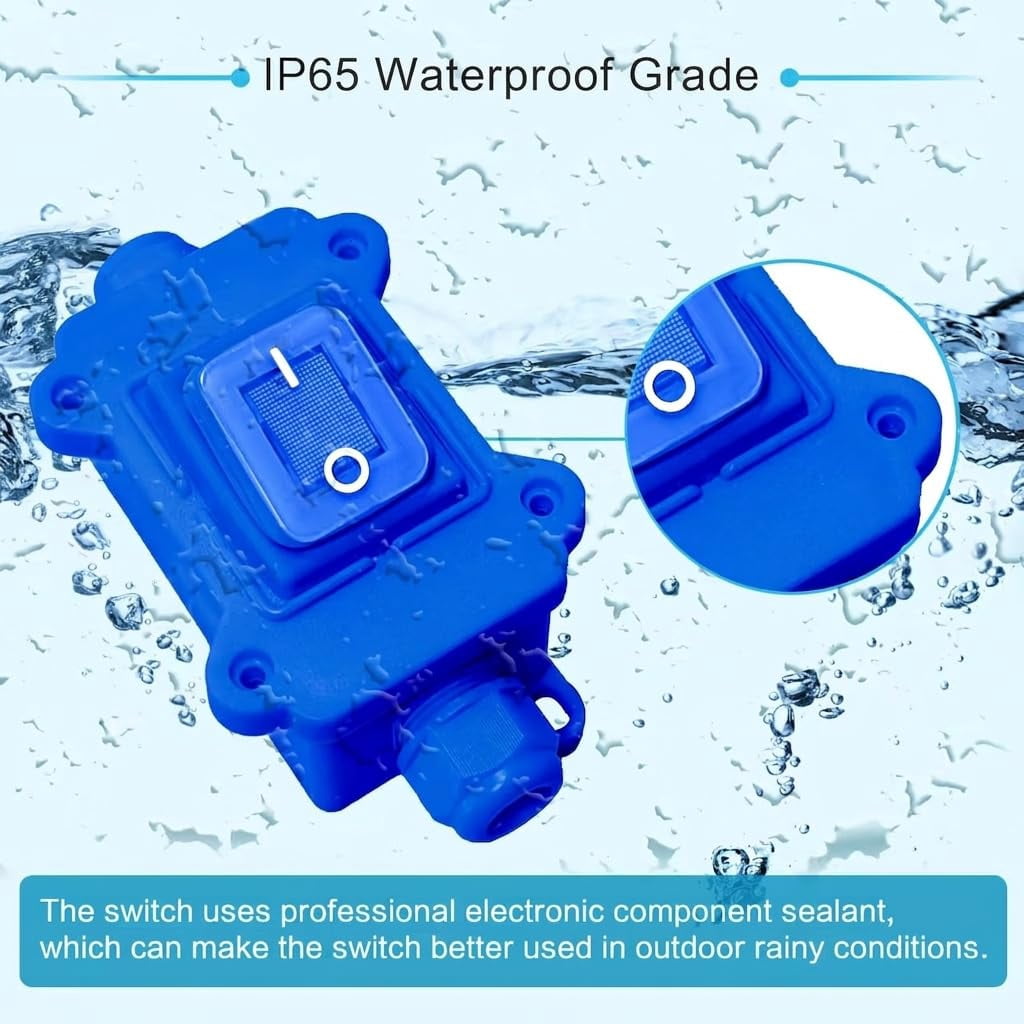 65 waterproof inline cable switch 12/24/3630 lights 42 position on/off outdoor rocker switch toggle switch with certification, double-sided inlet and outlet (blue light)