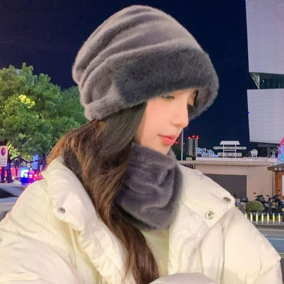 Axiiglly Hats for Women Soft Warm Winter Hat Scarf Integrated Fleece Lined Cold Weather Snow Hats Casual Outdoor Windproof Neck Protection Scarf Cute Cuffed Plush Hat