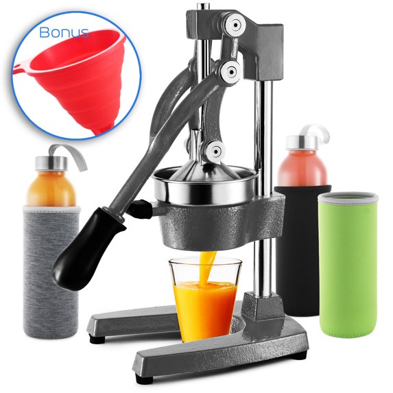 JoyTable Professional Citrus Juicer Set – 7 Piece Heavy-Duty Cast Iron Commercial Juice Press With Glass Juice Bottles and Funnel