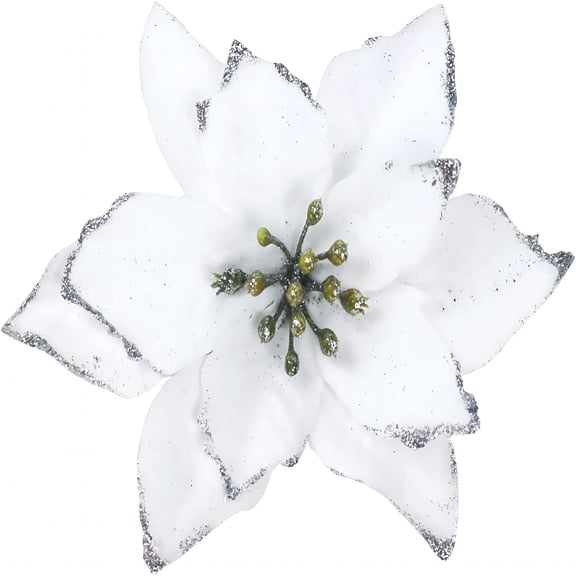 TUWAFE 2026 New 12 Pack White Xmas Glitter Poinsettia 5.1 Inch Artificial Flowers Christmas Tree Decorations Ornaments White Poinsettia Flowers Artificial