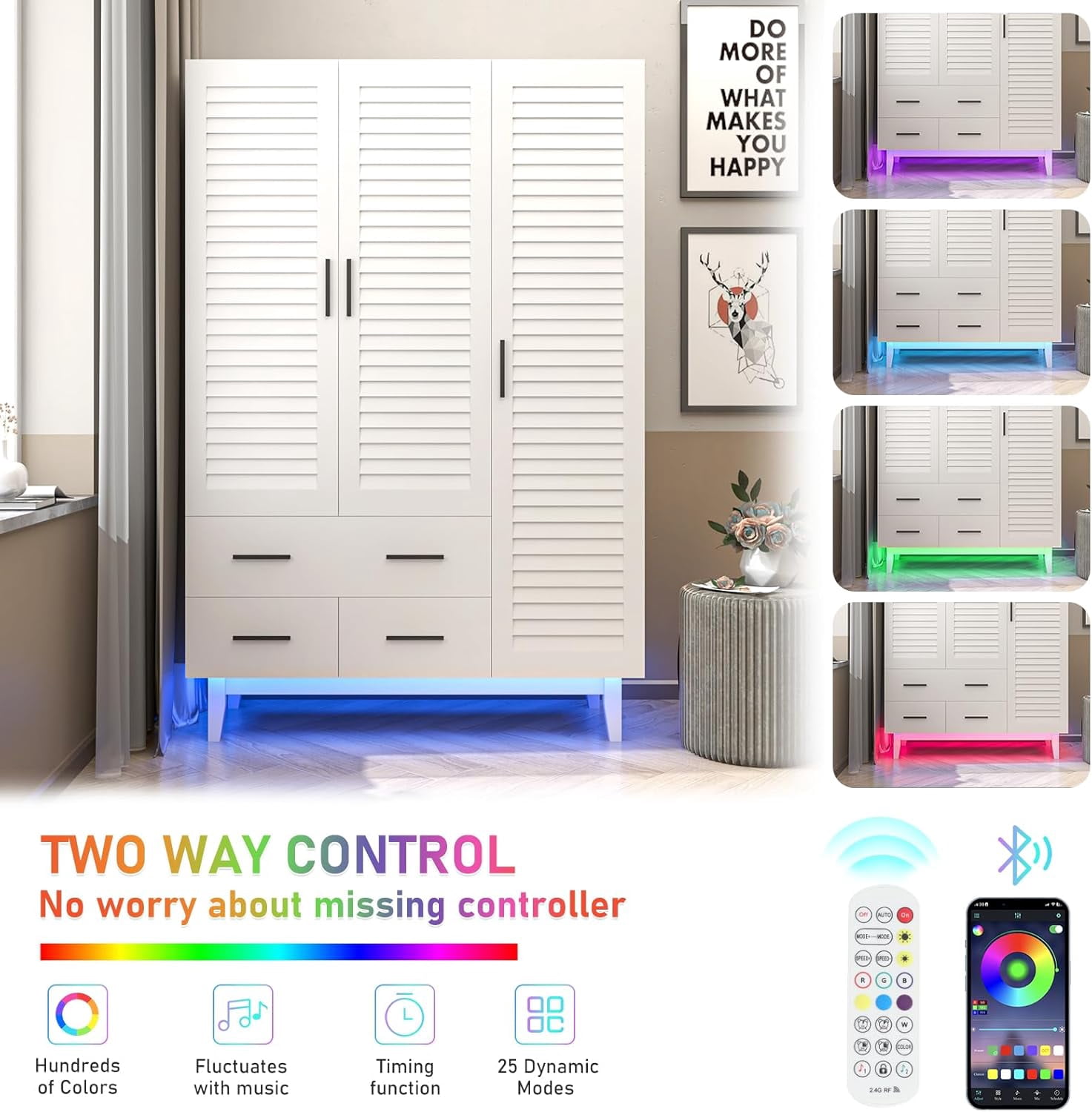 ANPOO Large 3 Doors Armoire Wardrobe Closet with LED Lights & Hanging Rods,70.9" White Louver Door Wardrobe Armoire with 3 Drawers,LED Large Armoire Storage with Multi-Layer Shelves