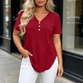 thumbnail image 2 of Women's Short Sleeve Curved Hem Shirts Summer Oversized V-Neck Button Down T-Shirt Casual Plain Daily Wear Tops Red, 2 of 7