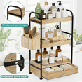 thumbnail image 6 of 3-Tier Bathroom Counter Organizer with Drawer, Wooden Vanity Skincare Storage Shelf with Thickened Metal Frame, Countertop Shelf with Basket & Hooks for Makeup Organization, Light Brown, 6 of 7