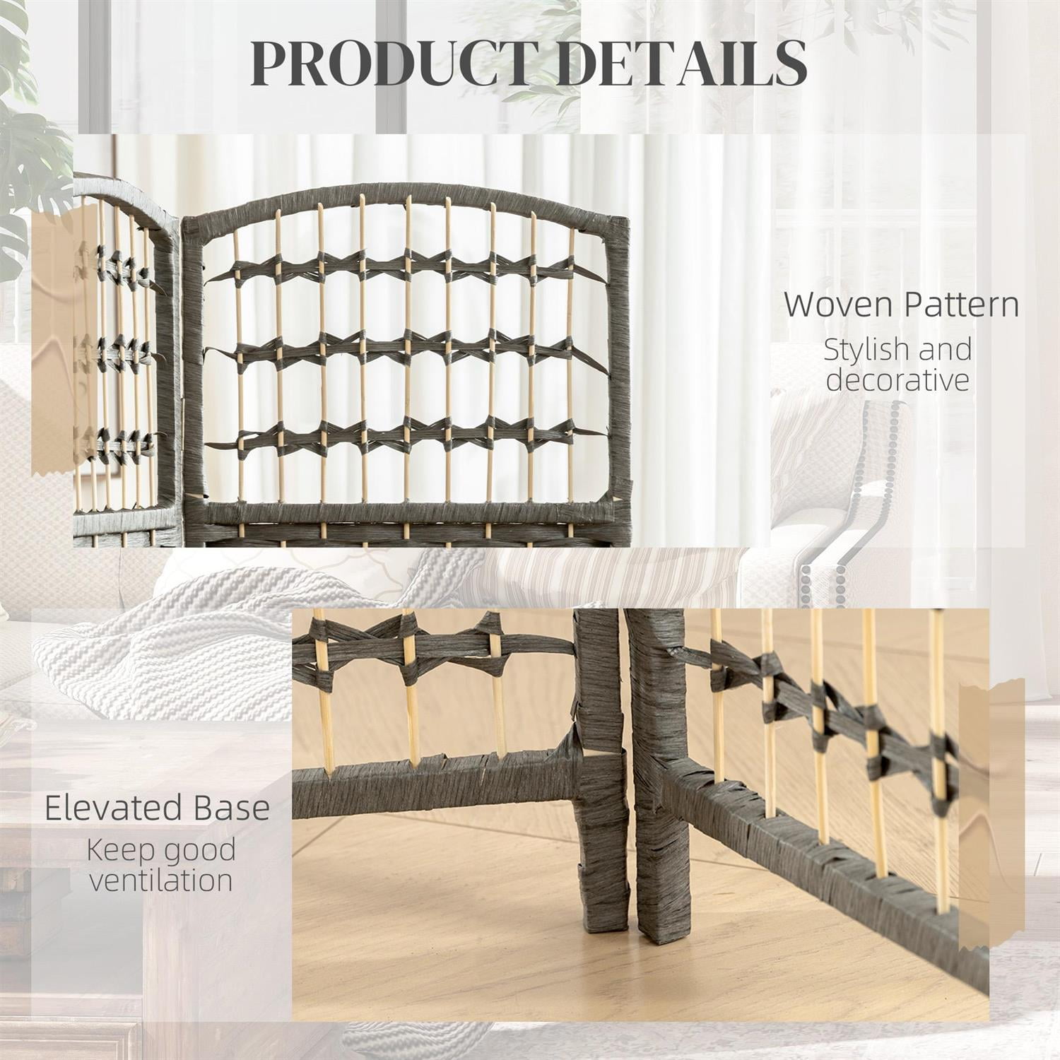 Demi Bonn 3-Panel Folding Room Divider with Wave Fiber Screen, 67" Portable Privacy Screen for Home Office, Gray