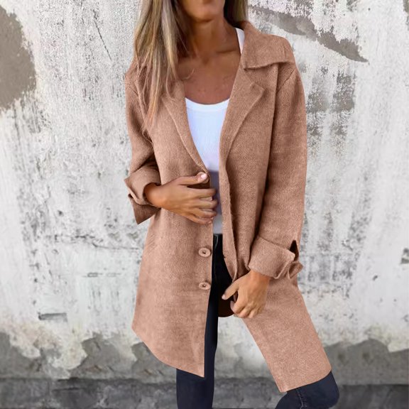 Fleece Jackets for Women Long Trench Coats Wool Blend Notched Collar Single Breasted Parkas with Pockets
