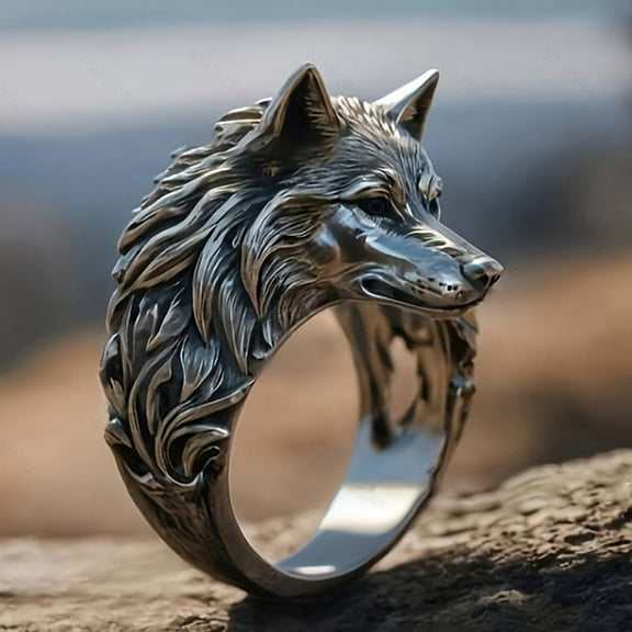 4pcs Wolf Zinc Alloy Finger Rings for Men Antique Silver 25mm Size 10(19.8mm)