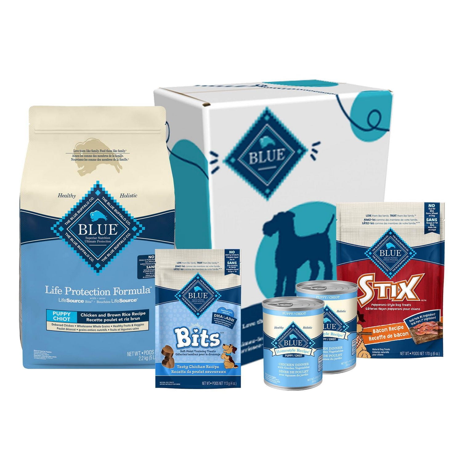 Blue Buffalo Life Protection Formula Puppy Chicken Dry Dog Food with training dog treats and Puppy wet food Value Bundle