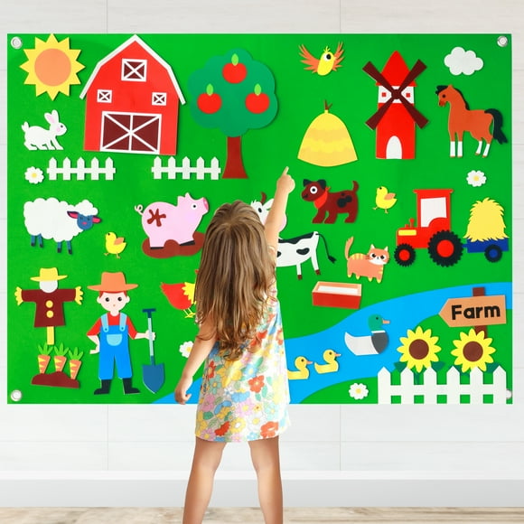41.3inch Children's Teaching Felt Board Farm Animals Felt-Board Story Set Early Learning Interactive Play Set Zoo Felt Board Educational Reusable Toys for Kids Toddlers Gift