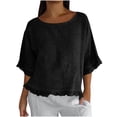 thumbnail image 2 of Women T Shirts Summer Tops Solid Cotton and Linen Ruffle Pleated Hem Tops Round Neck Casual Shirt Tops Comfortable Shirts, 2 of 8