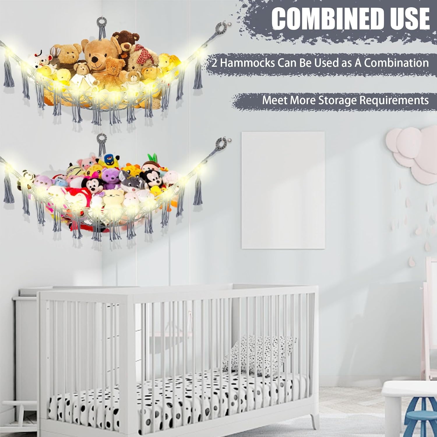 Stuffed Animal Hammock with LED Light, 2 Pack Toy Hammock for Stuffed Animals Storage for Kids, Stuffed Animal Hammock Corner, Grey