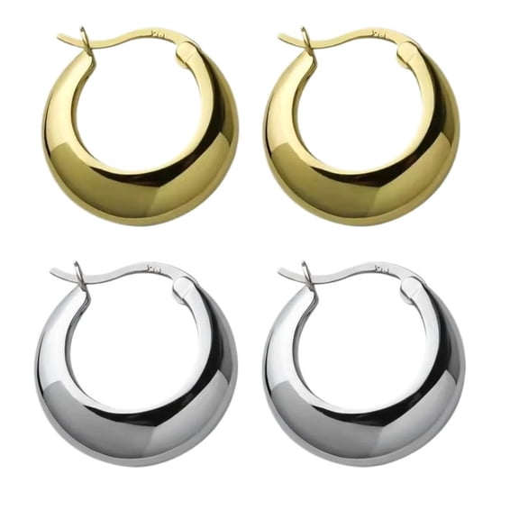 14K Gold & Silver Plated Chunky Hoop Earrings for Women, Lightweight Hypoallergenic Thick Huggie Hoops, Everyday Elegant Jewelry Gift(2Pairs)