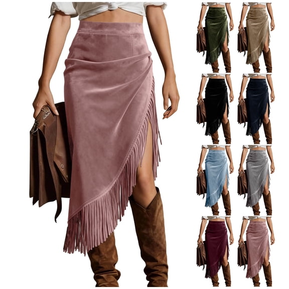 QATAINLAV Fringe Faux Suede Skirt for Women High Waisted Asymmetrical Slit Midi Skirts Vintage Western Tassel Long Skirt Black XL