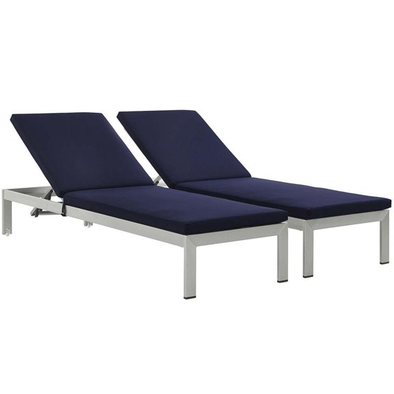 Modway Shore Chaise with Cushions Outdoor Patio Aluminum Set of 2 in Silver Navy