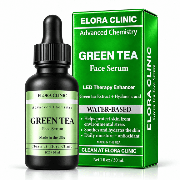 Elora Clinic Red Light Therapy Serum, Green Tea Hyaluronic Acid Hydrating Face Serum, Water-Based Antioxidant Formula