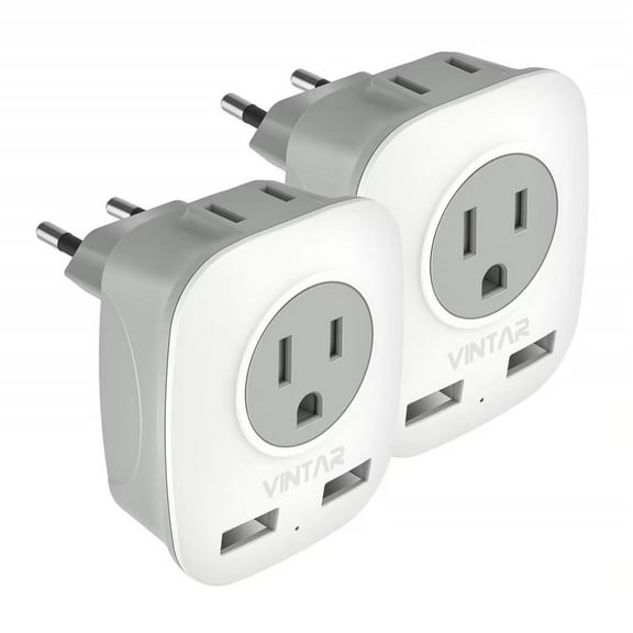 [2-Pack] European Travel Plug Adapter, VINTAR International Power Adaptor with 2 USB Ports,2 American Outlets- 4 in 1 Outlet Adapter,Travel Accessories to Italy,Greece,Israel,France, Spain (