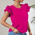 thumbnail image 3 of Blusa de manga con volantes en capas para mujer, cuello redondo, color puro, elegante, holgada, informal, camiseta de verano, rojo rosa M, 3 of 8