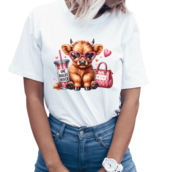 Women's Fashion T Shirt "One Boujee Heifer" Cute Highland Cattle Graphic Tee, Polyester, White, MD