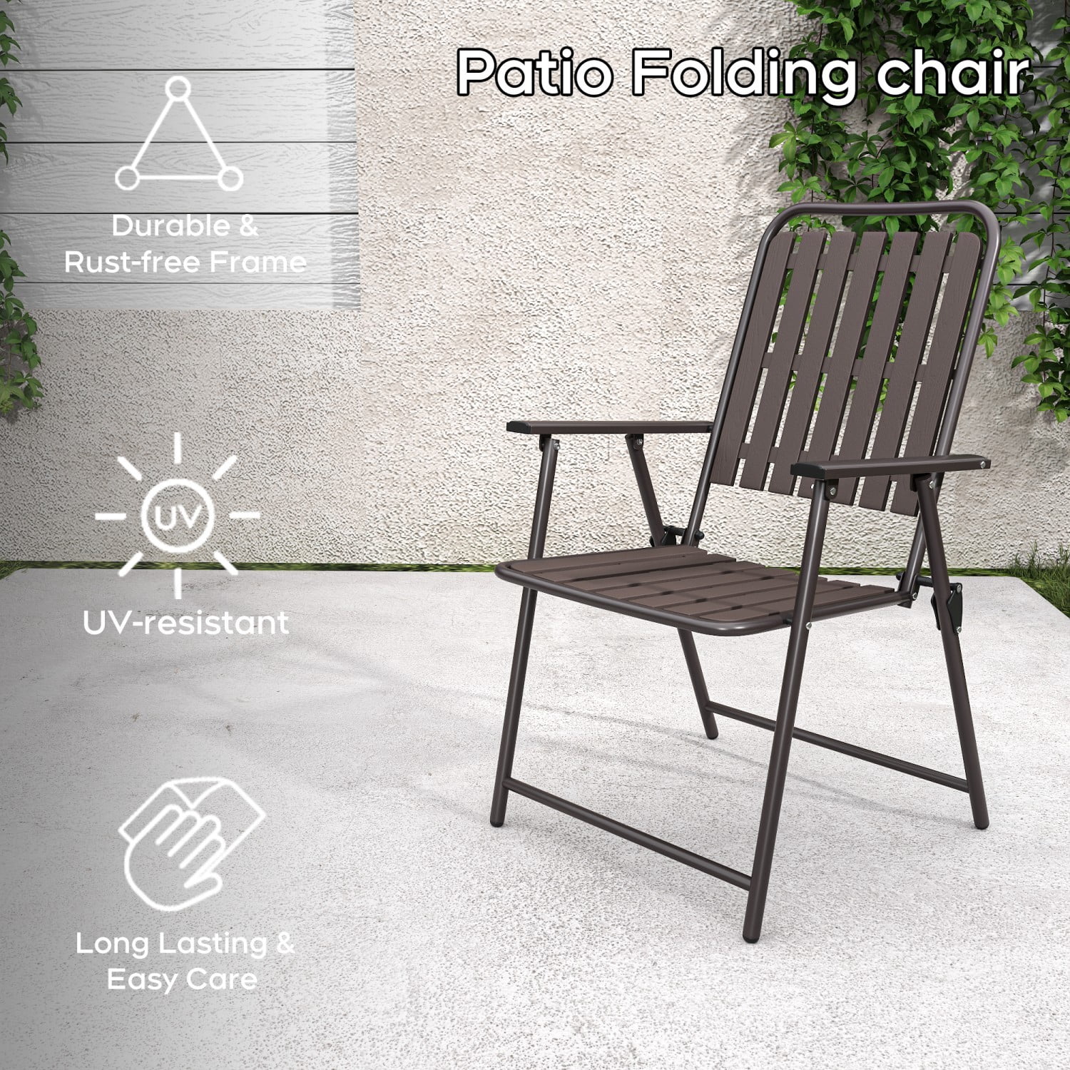 Folding Chairs Set of 2, 350 lb Capacity Outdoor Chairs with Powder-Coated Metal Frame & WPC Slatted Seat, No Assembly, Antique brown