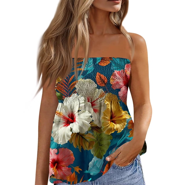 OIOLOYJM Tube Tops for Women Summer Bandeau Strapless Palm Tree Peplum Top Backless Travel Ruffle Going Out Shirts Multicolor L