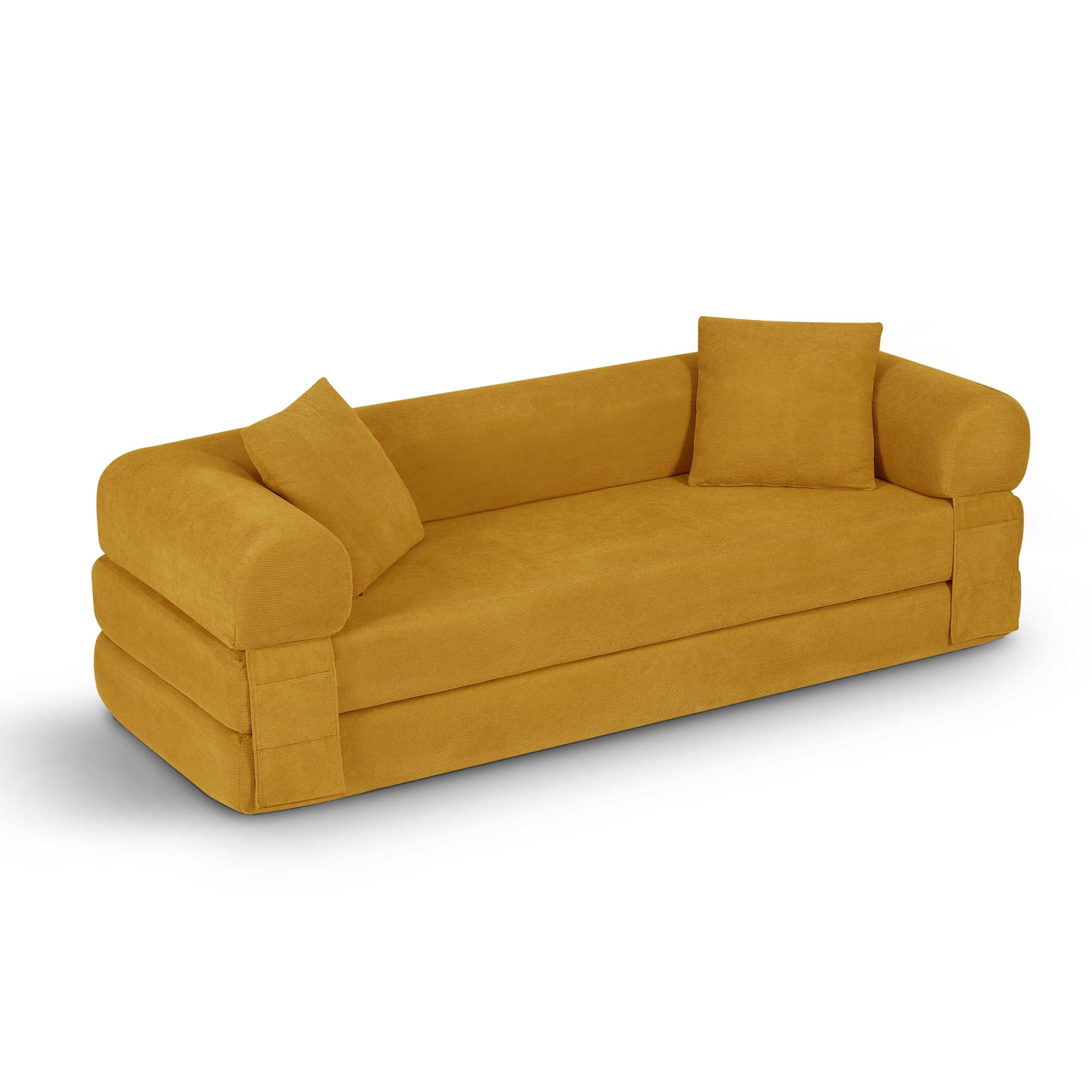 Miniyam 80" W Convertible Sofa, Boneless Couches for Living Room, Folding Sleeper Sofa Bed Queen with Pockets, Corduroy Flod Out Compressed Couch in a Box(Yellow)