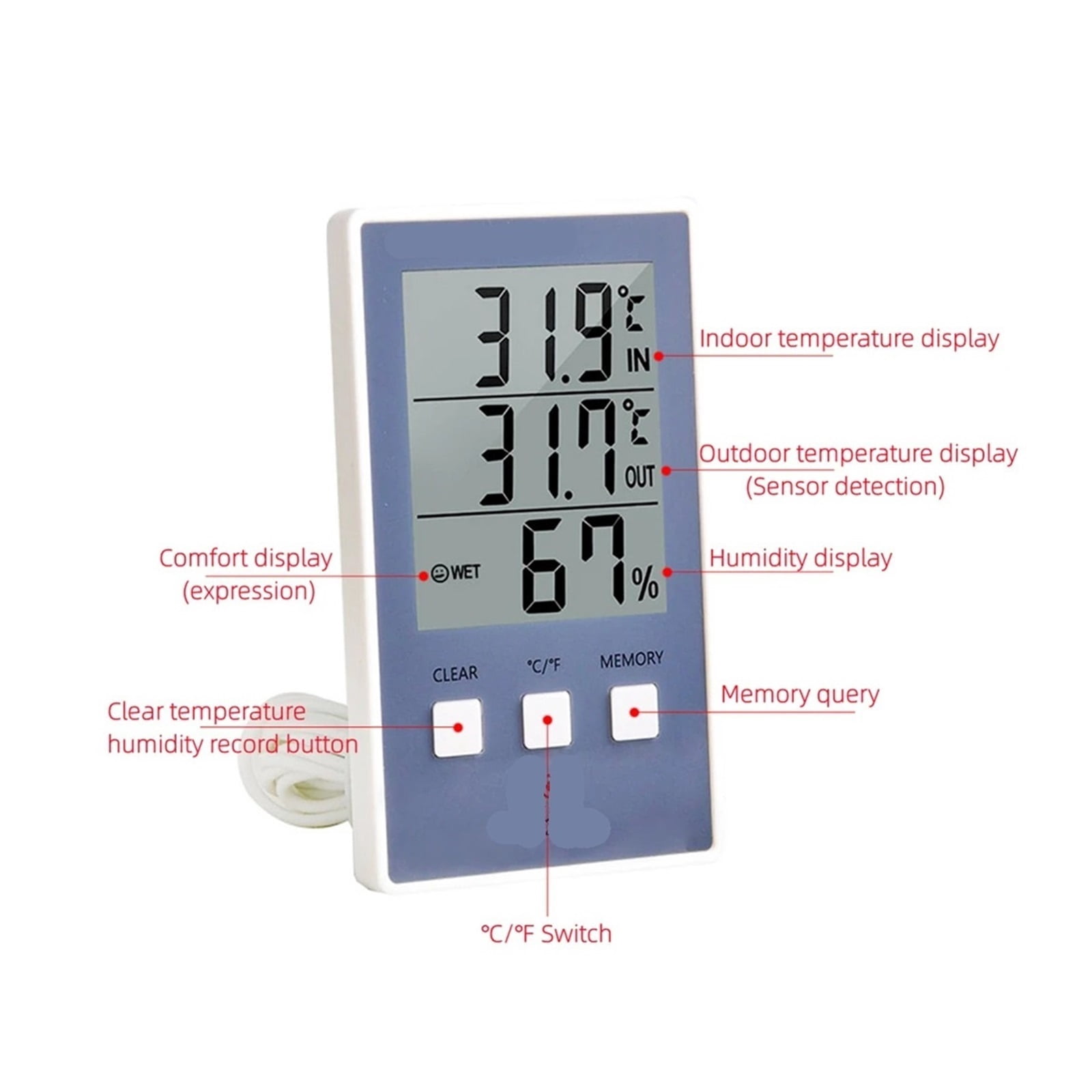Digital Thermometer Hygrometer Indoor Outdoor Temperature Humidity Sensor Probe Weather Station