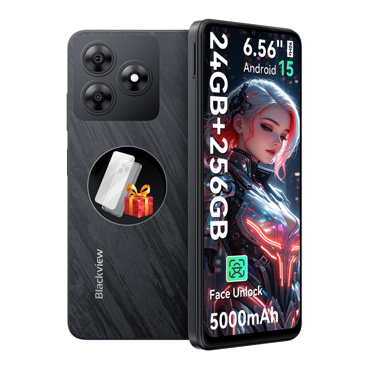 Blackview Unlocked Phones, Android 15 Smartphones 24GB+256GB/2TB, 4G Octa-Core, 13MP+8MP AI Camera 5000mAh/10W Cell Phone, 6.56" HD+, GPS/OTG, Fingerprint/Face ID Mobile Phones, Black