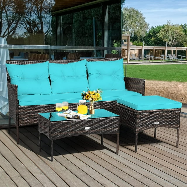 Gymax Ensemble de Conversation Sectionnel en Rotin pour Patio 3 Pcs avec Coussins Turquoise
