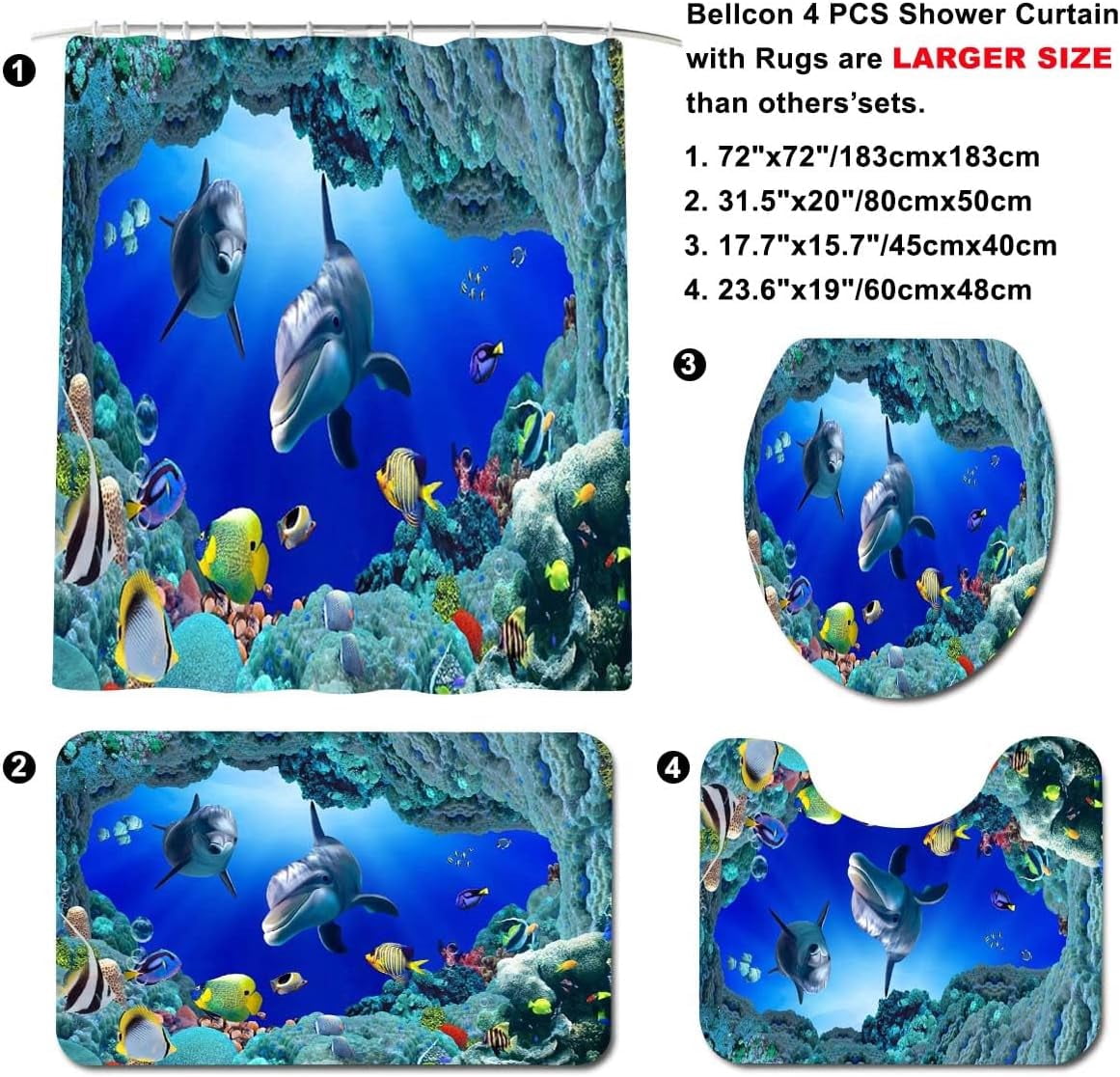 and Fishes Bathroom Sets with Rugs and Accessories Blue Ocean Seaweed Shower Curtains Set Bathroom Sets for Boys and Girls Underwater Sea World Bathroom Sets with Bath Mat